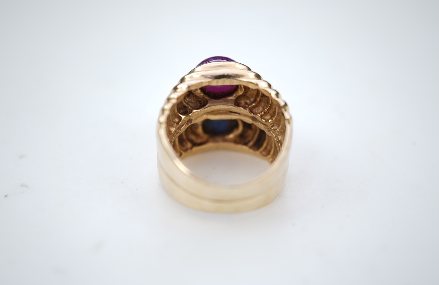 A sapphire and ruby ring